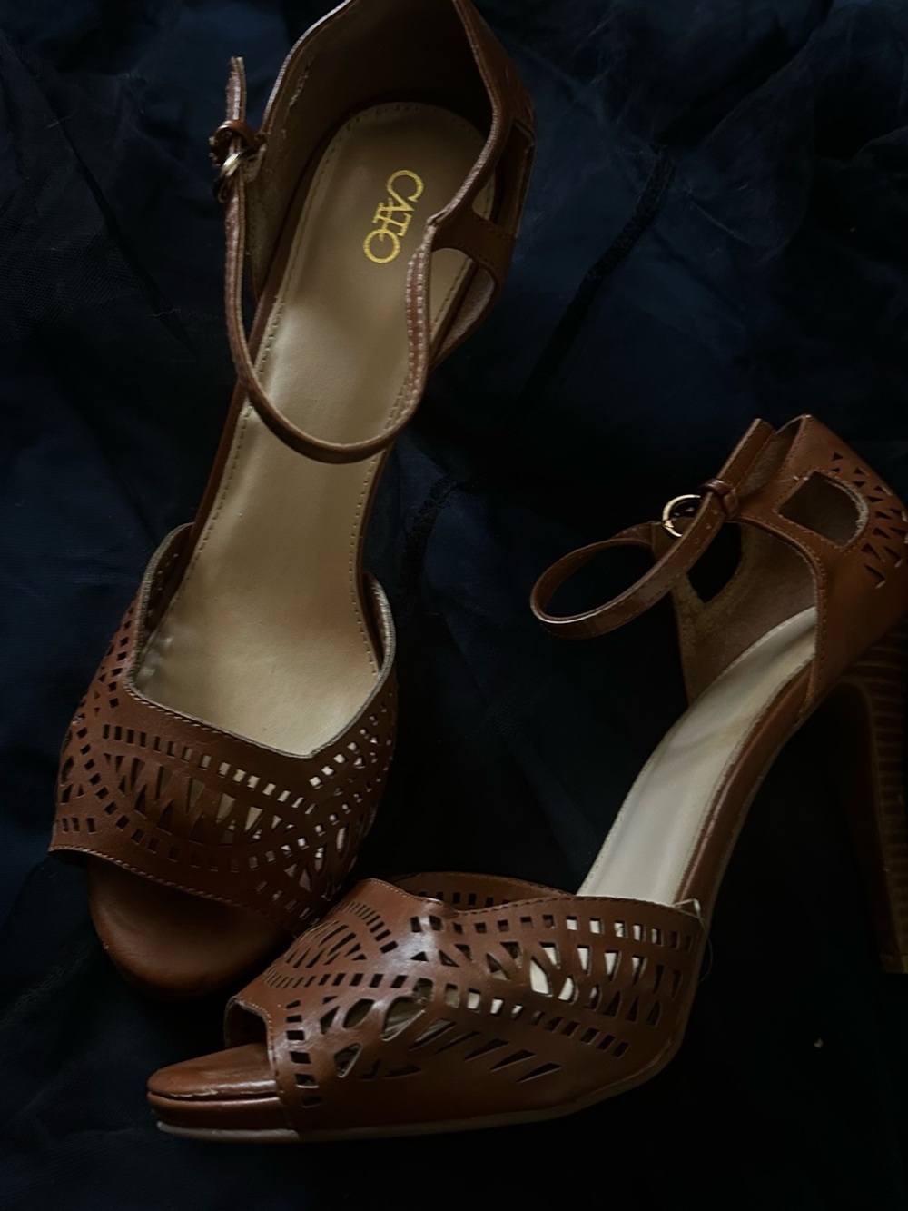 Cato Brown Laser-Cut Peep Toe Ankle Strap Heels